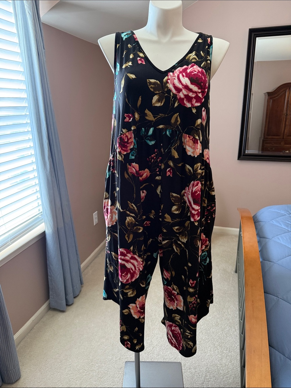Sleeveless Black Floral Jumpsuit with Rose Print